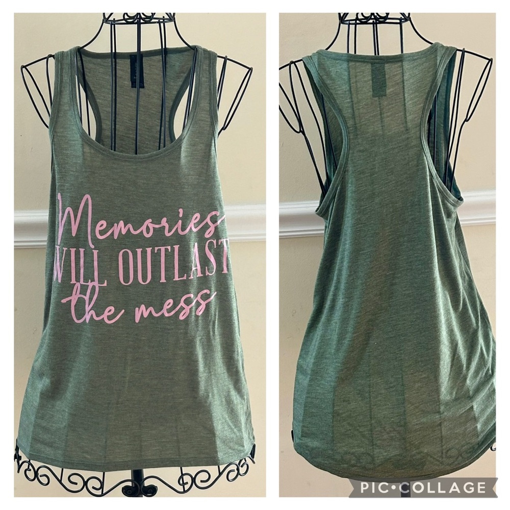 Anvil Freedom Memories Will Outlast the Mess Green Racerback Tank Top Pink Text